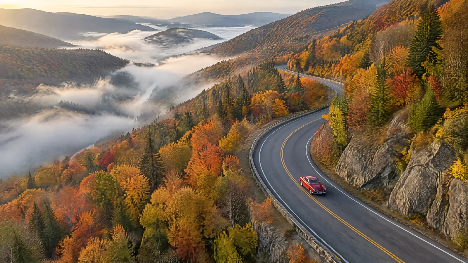 Aerial view of an autumn mountain road · text to image, 4K