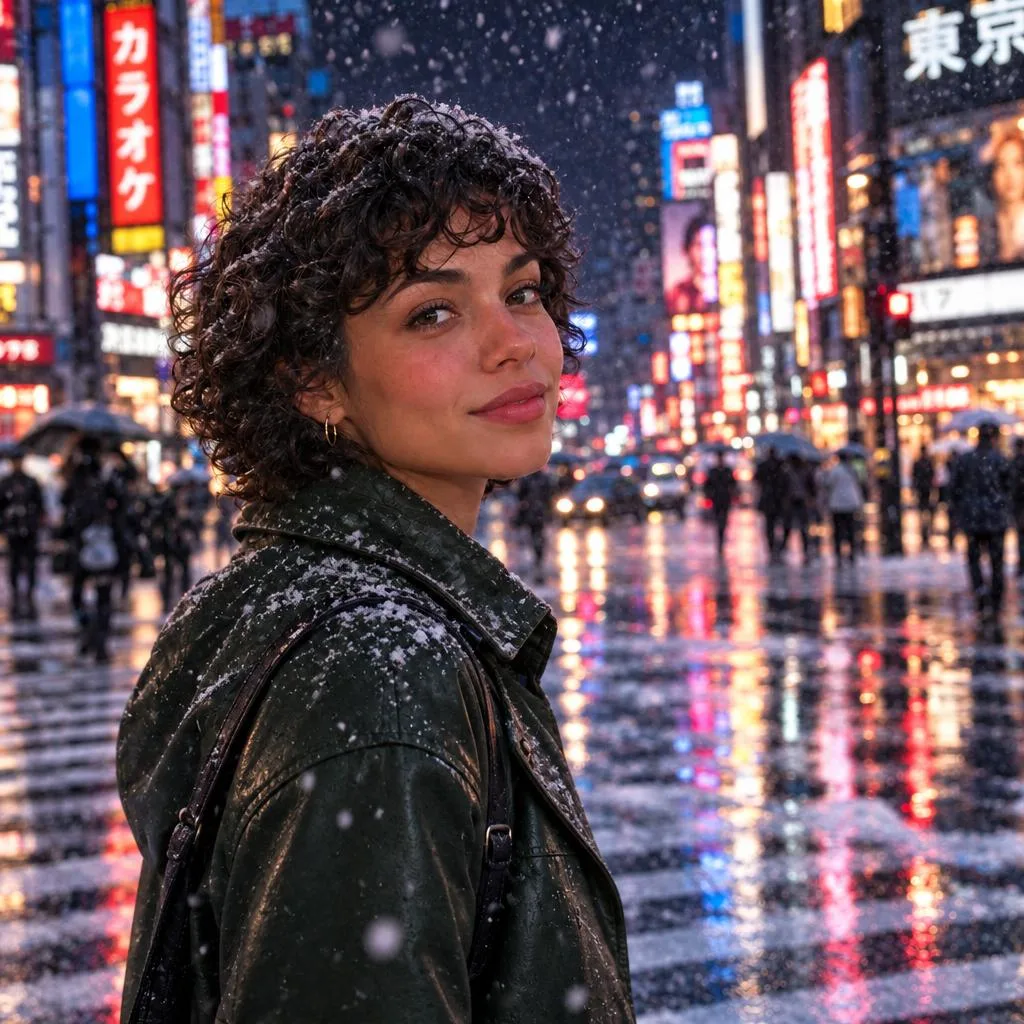 Same portrait edited to a leather jacket in snow · image to image, 1K